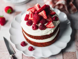 Receita do bolo red velvet com chantilly de queijo creme, framboesas e morangos